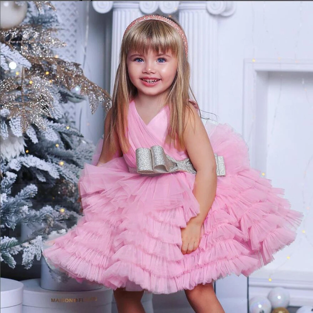 Summer Pink Tulle Girl Party Dresses Vestidos Fluffy Bow Birthday Princess Flower Girls Dress For Kids Wedding Children Clothing