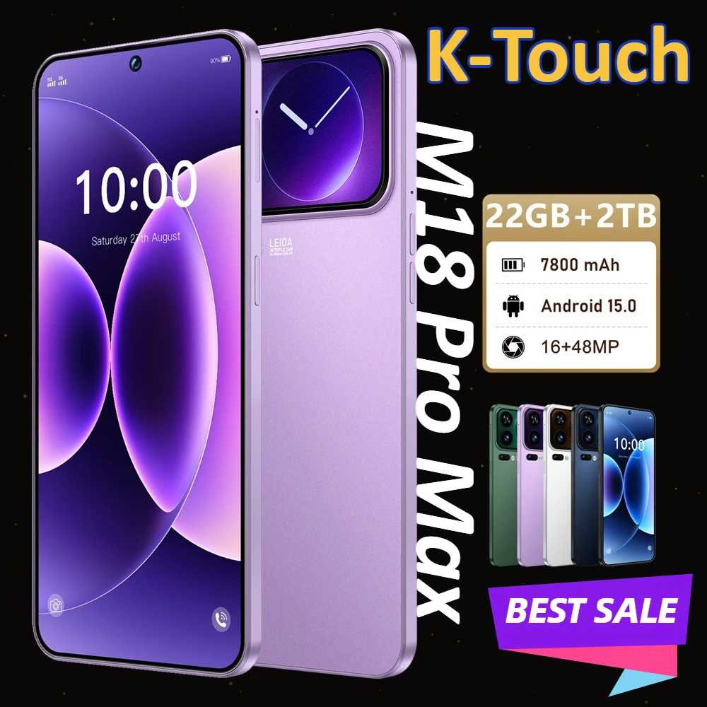 Téléphones mobiles K-Touch M18 Pro Max Smartphone Android 15 Téléphone portable Écran large de 7,3 pouces 16 + 48MP 22 Go + 2 To Batterie 7800 mAh Double SIM Déverrouillage facial 5G Double SIM WiFi