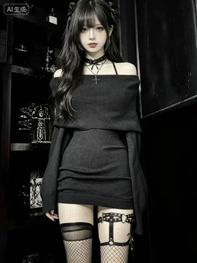 Women Unique Designer Gothic Knit Dress 2026 Autumn Cold Shoulder Long Sleeve Slimming Bodycon Dark Alt Hot Girl Outfit
