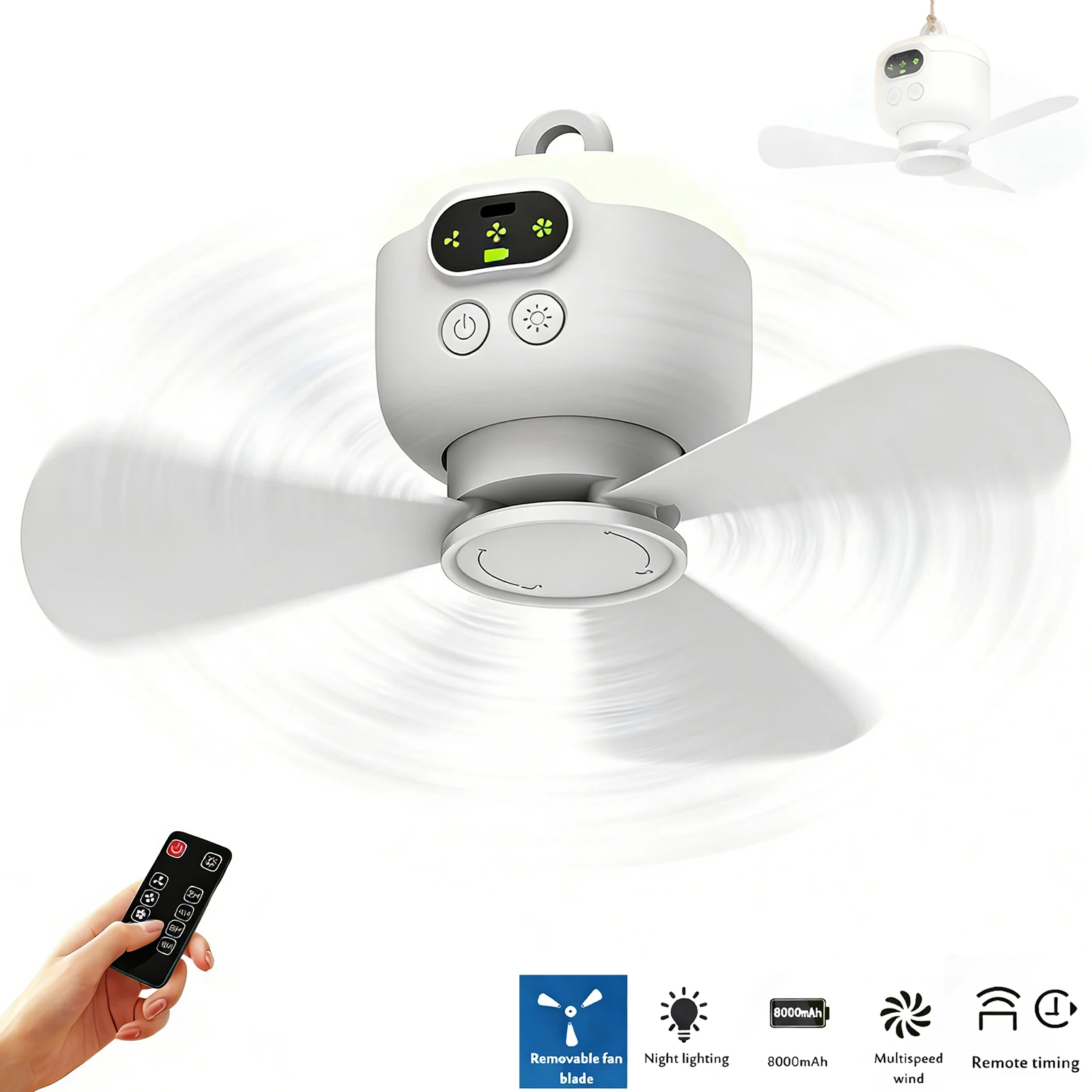 Ventilador de Techo Portátil para Tiendas de Campaña, Ventilador de Techo para Carpas, Ventilador Inalámbrico Recargable de 8000 mAh, Circulador de Aire con Control Remoto y Luz