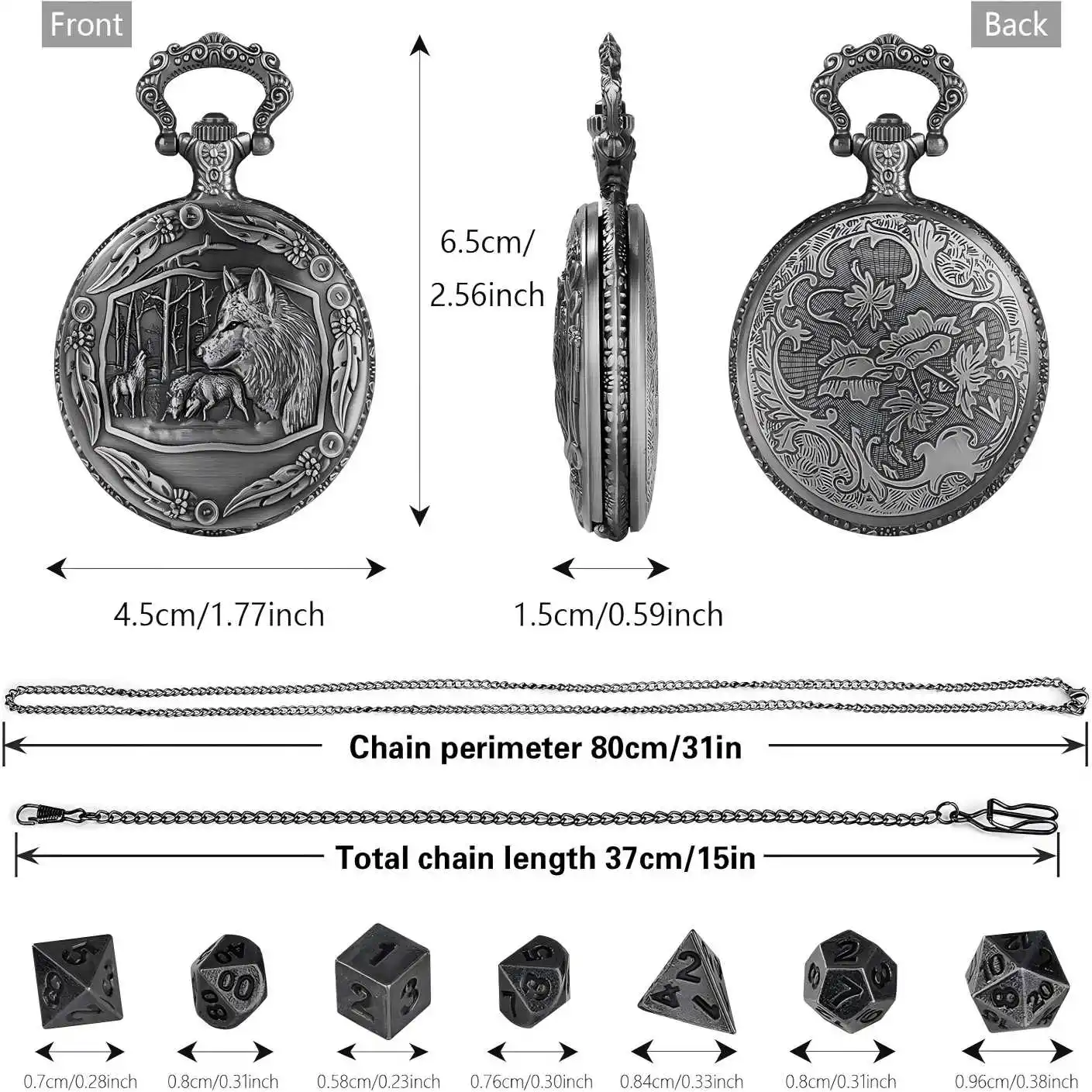 Mini DND Dice Set with Steampunk Wolf Pocket Watch Shell Case, 7pcs Polyhedral Metal D&D Dice Set, DND Gifts with Gift Box for Gamer, Role Playing Board Games Accessories, Dark Silver, Zinc Alloy