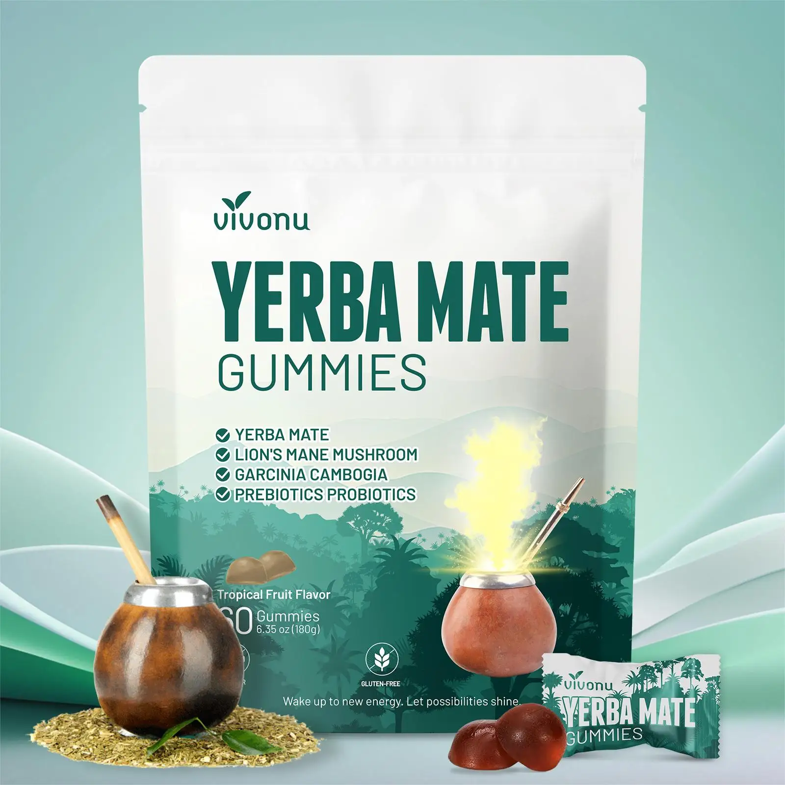VIVONU Gomitas probióticas de yerba mate: ricas en multivitaminas, suplemento esencial para viajes saludables, 60 cápsulas, 2 años de vida útil, gomitas naturales para la salud intestinal caseras,