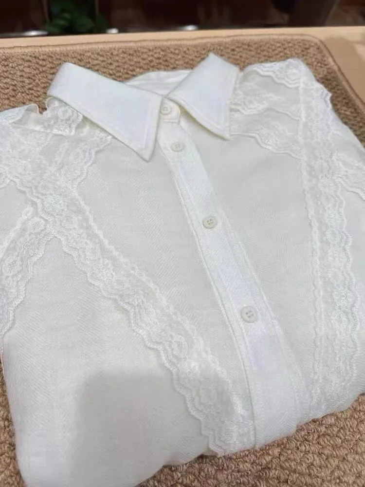 Chemise ample en lin pour femmes, exclusivement, garnie de dentelle, automne