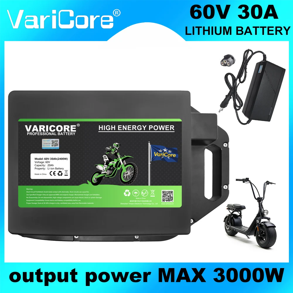 Pacco batteria al litio ricaricabile e impermeabile VariCore 60V 30Ah, celle 18650, 500W-2400W, con BMS 16S integrato, con caricabatterie 67,2V, per City Coco, monopattino elettrico, disponibile in