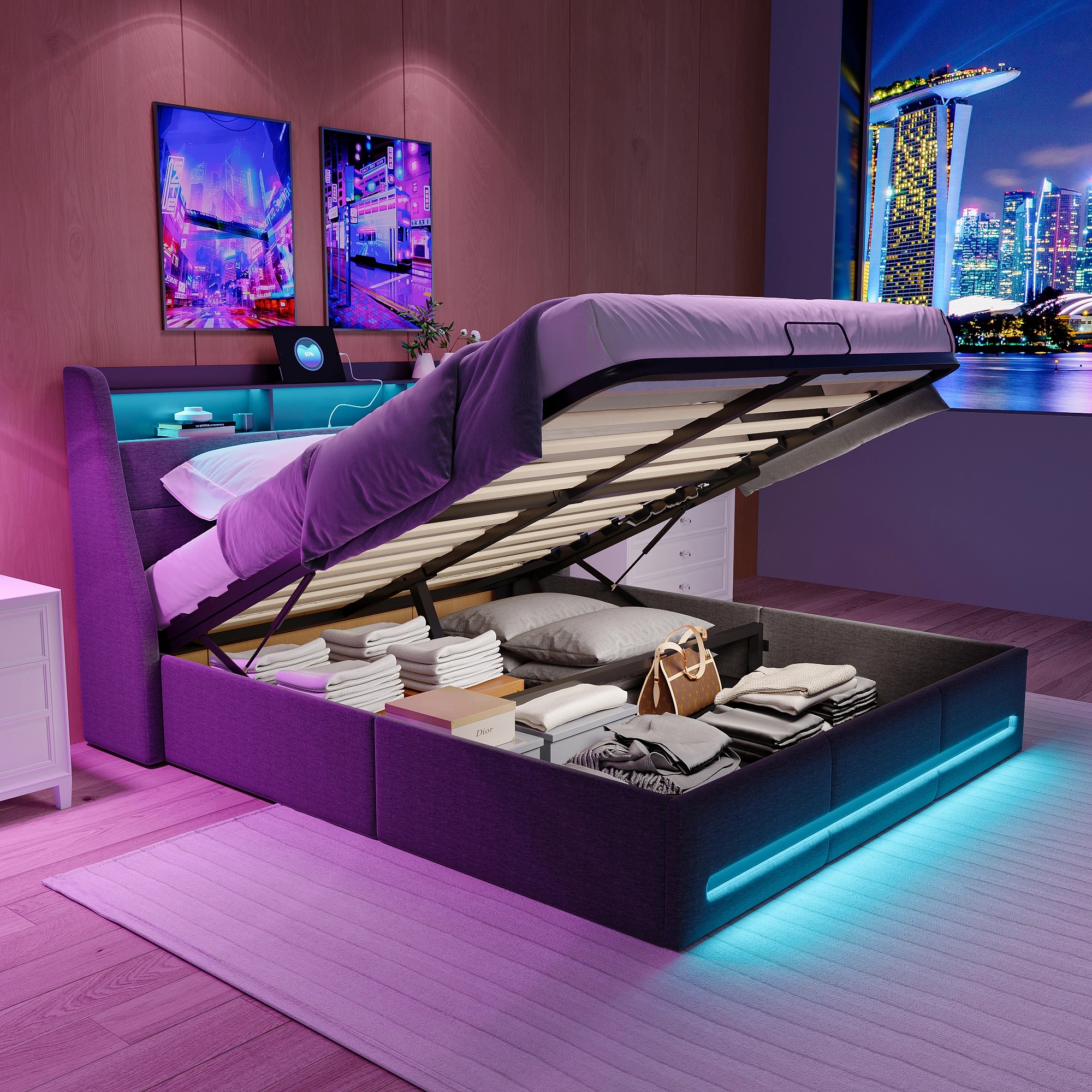 Superaly Cama para adultos de 140×200 cm con puertos de carga, cama doble tapizada con luces LED, cama con almacenamiento hidráulico, gris lino