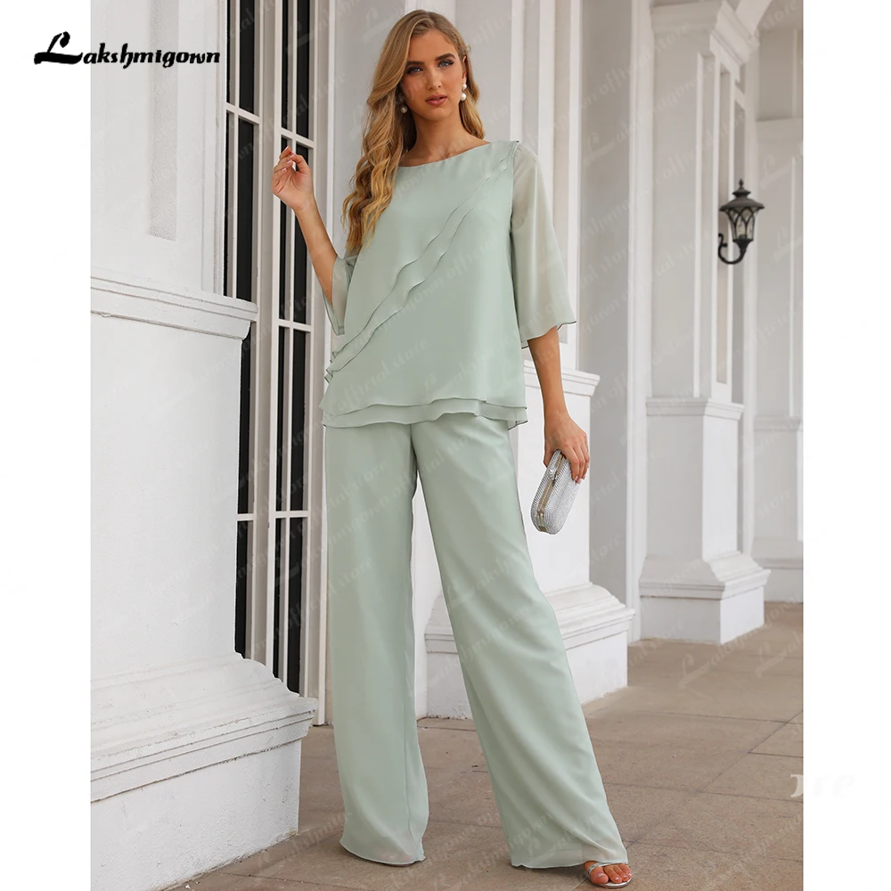 

2023 Two Piece Sky Blue Bridesmaid Dresses O Neckline Chiffon Pants Girls Dresses Ruffles Half Sleeve Vestidos De Fiesta