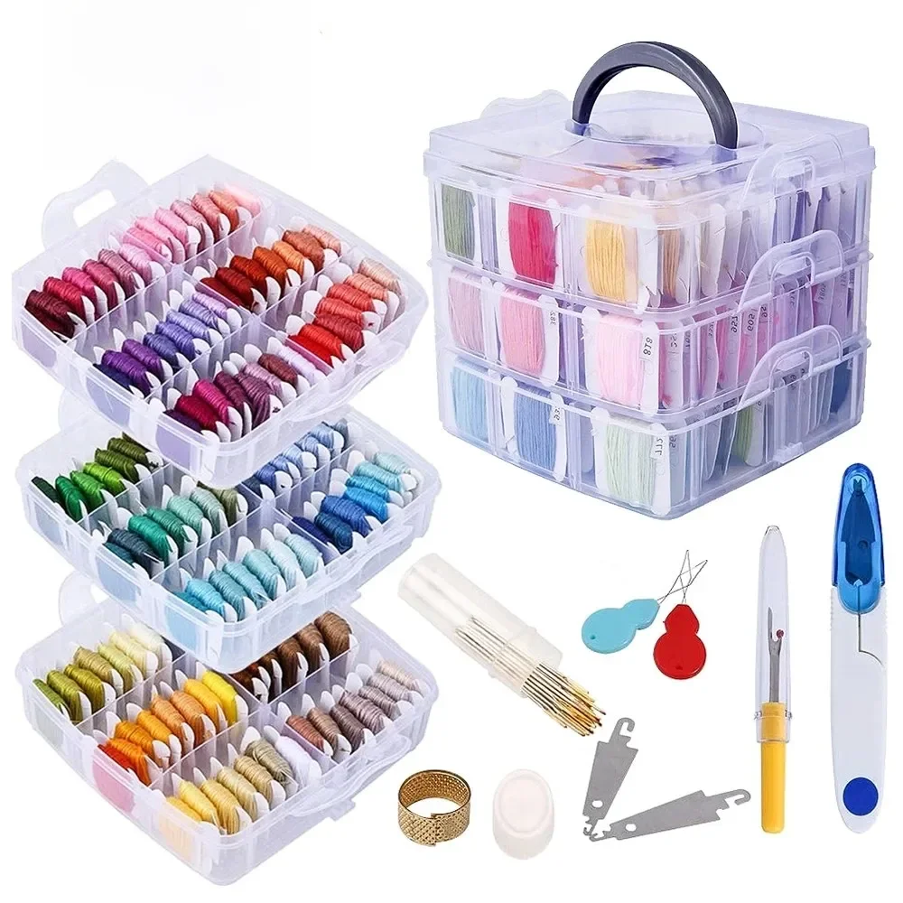 Kit de broderie, ensemble de fils comprenant 150 couleurs de fils avec boîte de rangement transparente à 3 niveaux, outils de point de croix