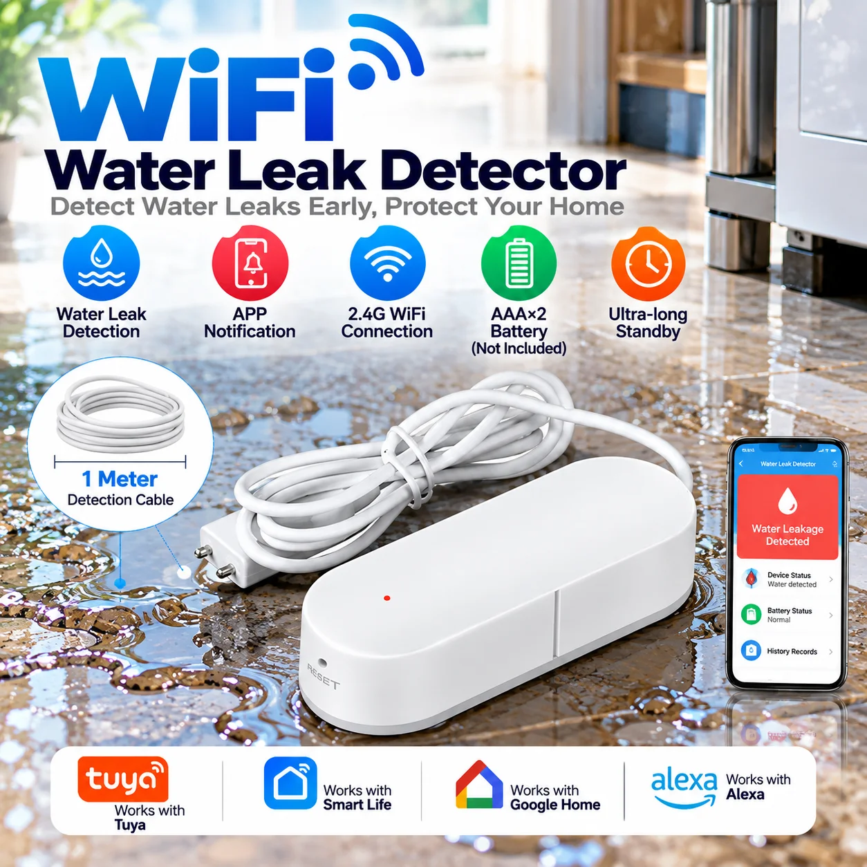 WLAN-Wasserstandssensor Leckage-Alarm Flutdetektor Kompatibel mit Tuya Smart Wasser-Alarm Überlauf-Alarm Sicherheitssystem
