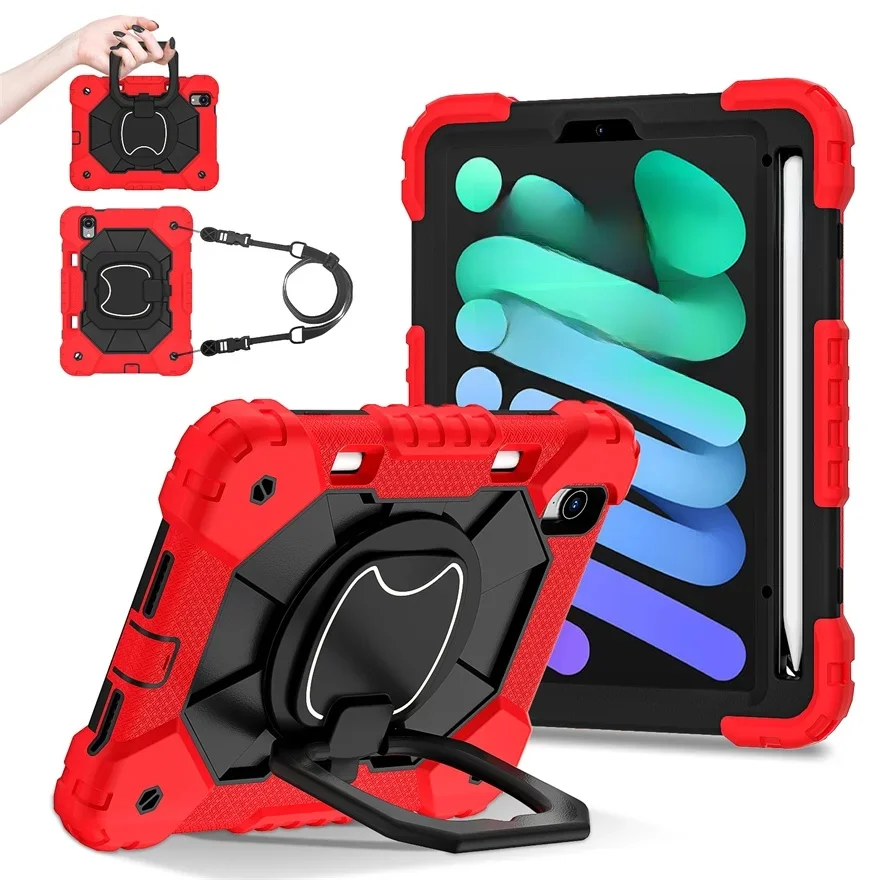 For iPad Mini 7 2024 Case Mini6 2021 Silicone Heavy-duty Protection Shockproof 360° Rotating Strap Handle Bracket Tablet Case C3