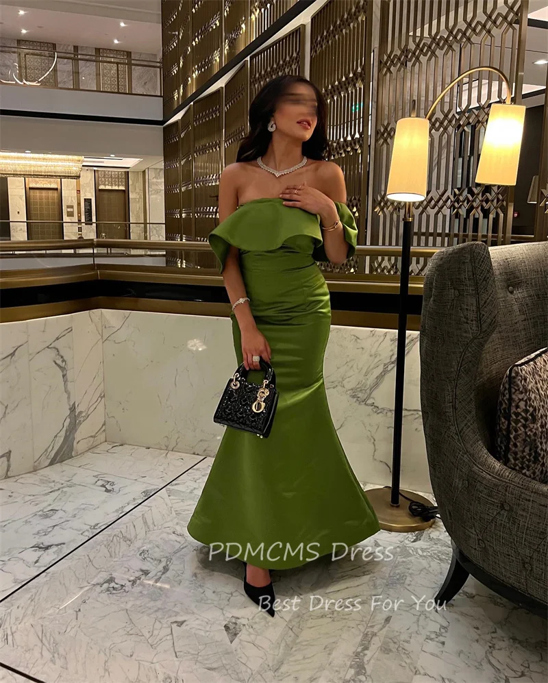 Classy Green Saudi Arabic Evening Dresses Mermaid Satin Off The Shoulder Prom Gowns Formal Occasion Dress Vestidos De Noche