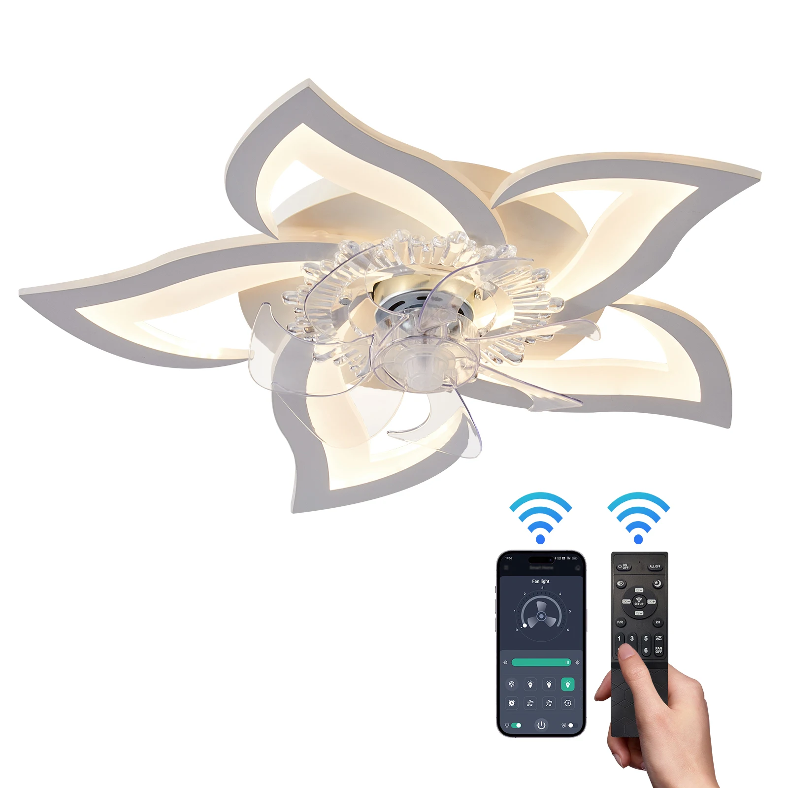 Ventilador de techo con iluminación, 220 V, regulable continuamente, control por aplicación, hierro y acrílico, 69x69x13 cm, Blanco