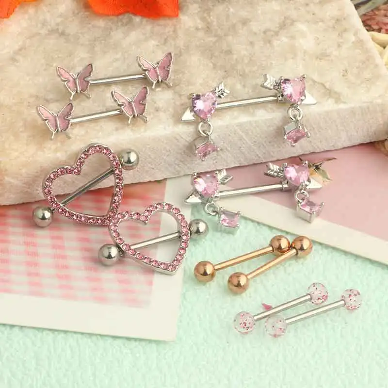 2pcs Stainless Steel Pink Nipple Piercing Jewelry Heart Wings Niplple Barbell Moon Devil Nipple Rings Stud Body  Pezon Mujer