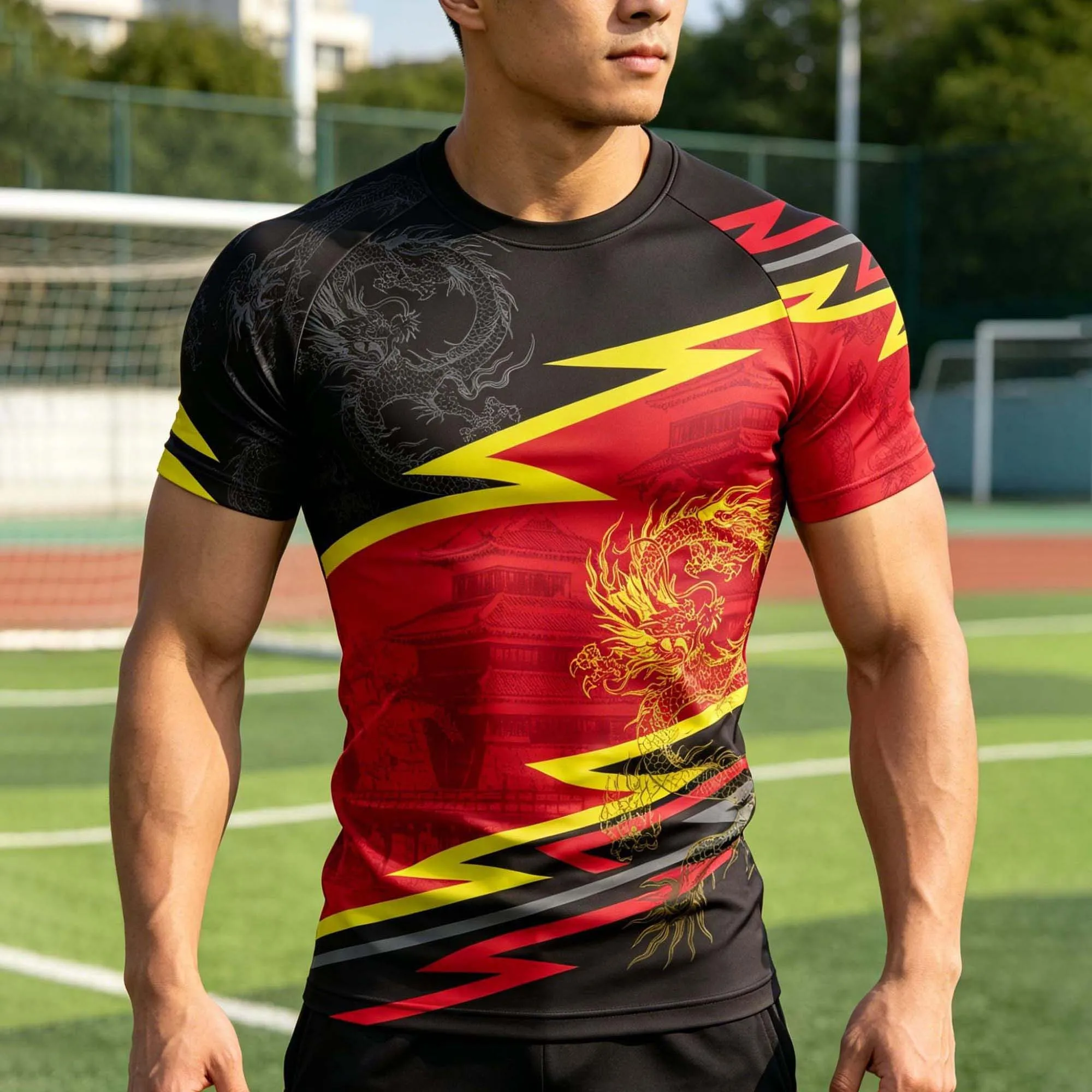 Traditionelles asiatisches Drachen-Blitzstreifen-Print Herren Kompressions-T-Shirt mit Rundhalsausschnitt, Kurzarm, leicht elastisch, für Stadion-Training