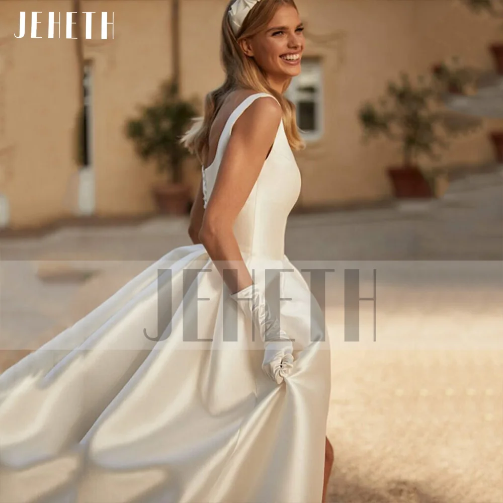 JEHETH Elegant Spaghetti Straps Satin Wedding Dress for Women Boho Princess Side Split Square Neck Beach Bride Gown Vestidos