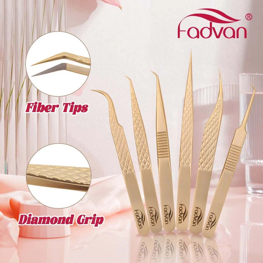 Fadvan Stainless Steel Cosmetic Tweezers for Eyelash Extensions Fibre Tip Antistatic Boxed Gold Plated Tweezers for Makeup