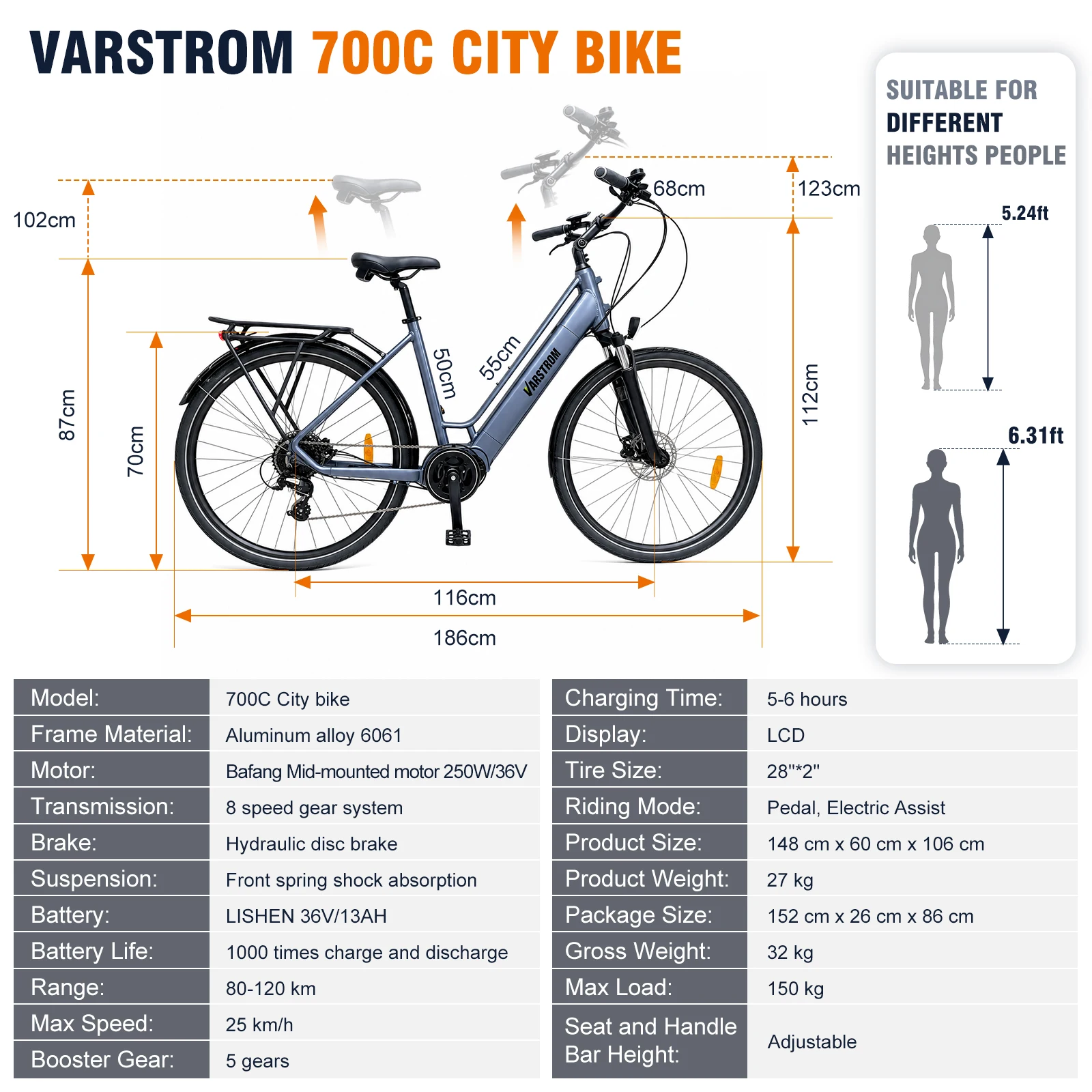 [ Zollfrei ] Varstrom 28" 700C E-Bike für Pendler, 120 km Reichweite, BAFANG M200 250W, 36V 13Ah 468Wh Akku, Geschwindigkeit 25 km/h, 8 Gänge, Scheibenbremsen E-Bike, Versand aus Polen – Detail 12