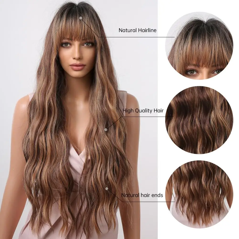 Synthetic Natural Ombre Brown Long Big Wavy Hair Full Head Cover Wig 8-2039-1