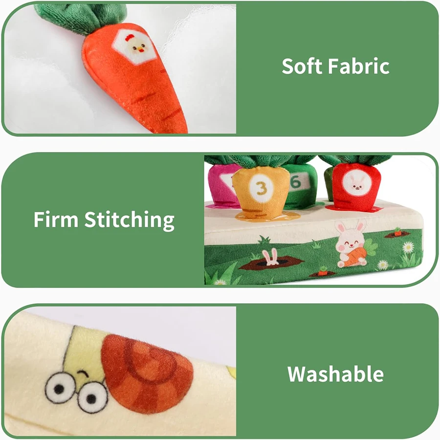 Montessori Carrot Pull Toddlers Toy, Numbers Colors Motor Skills Early Learning, Soft Washable Fabric, 0-3 Years Birthday Gift