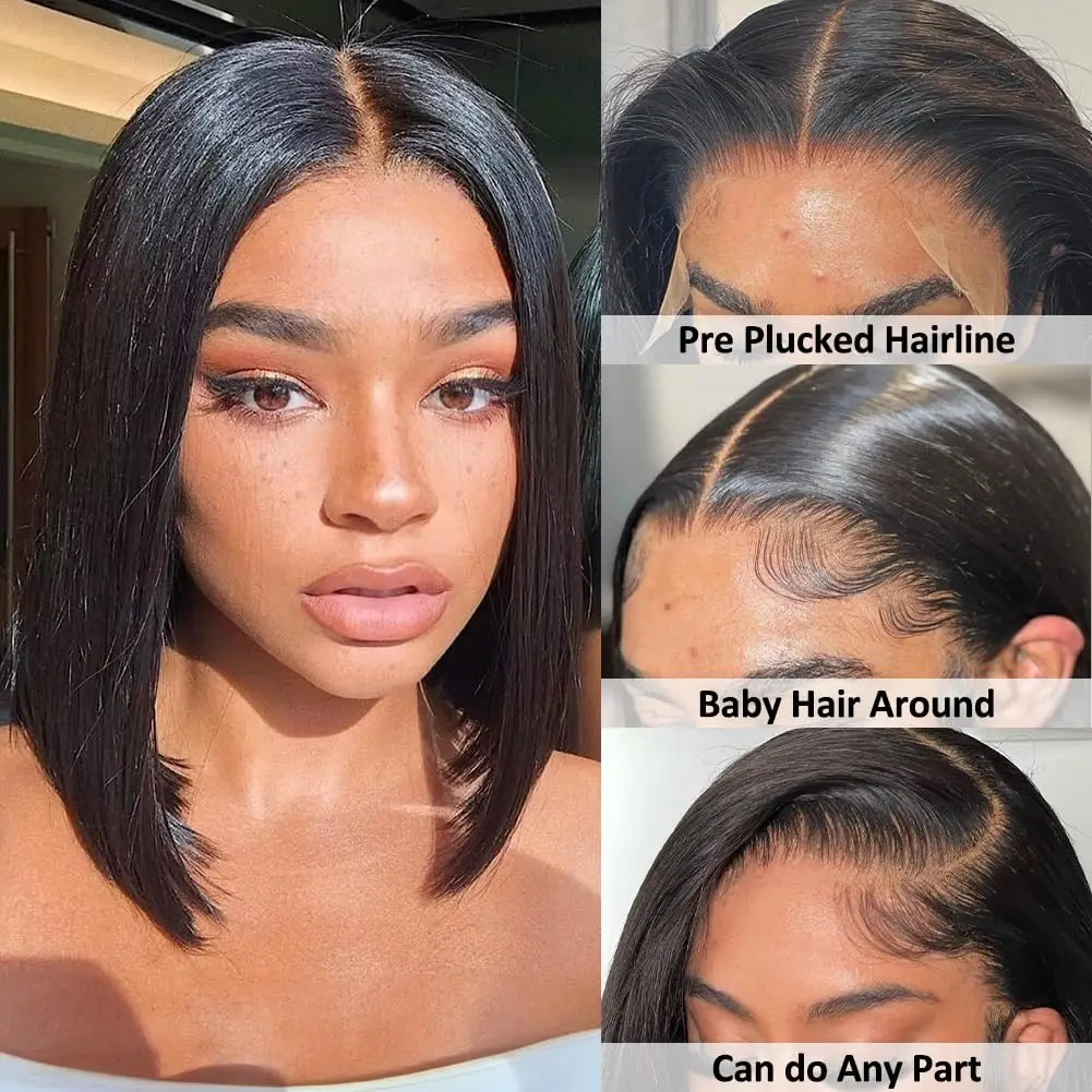 Wig Bob Warna Alami Lurus Wig Frontal Renda Transparan dengan Kepadatan 180 13X4 Wig Rambut Manusia Renda Frontal untuk Wanita Kulit Hitam