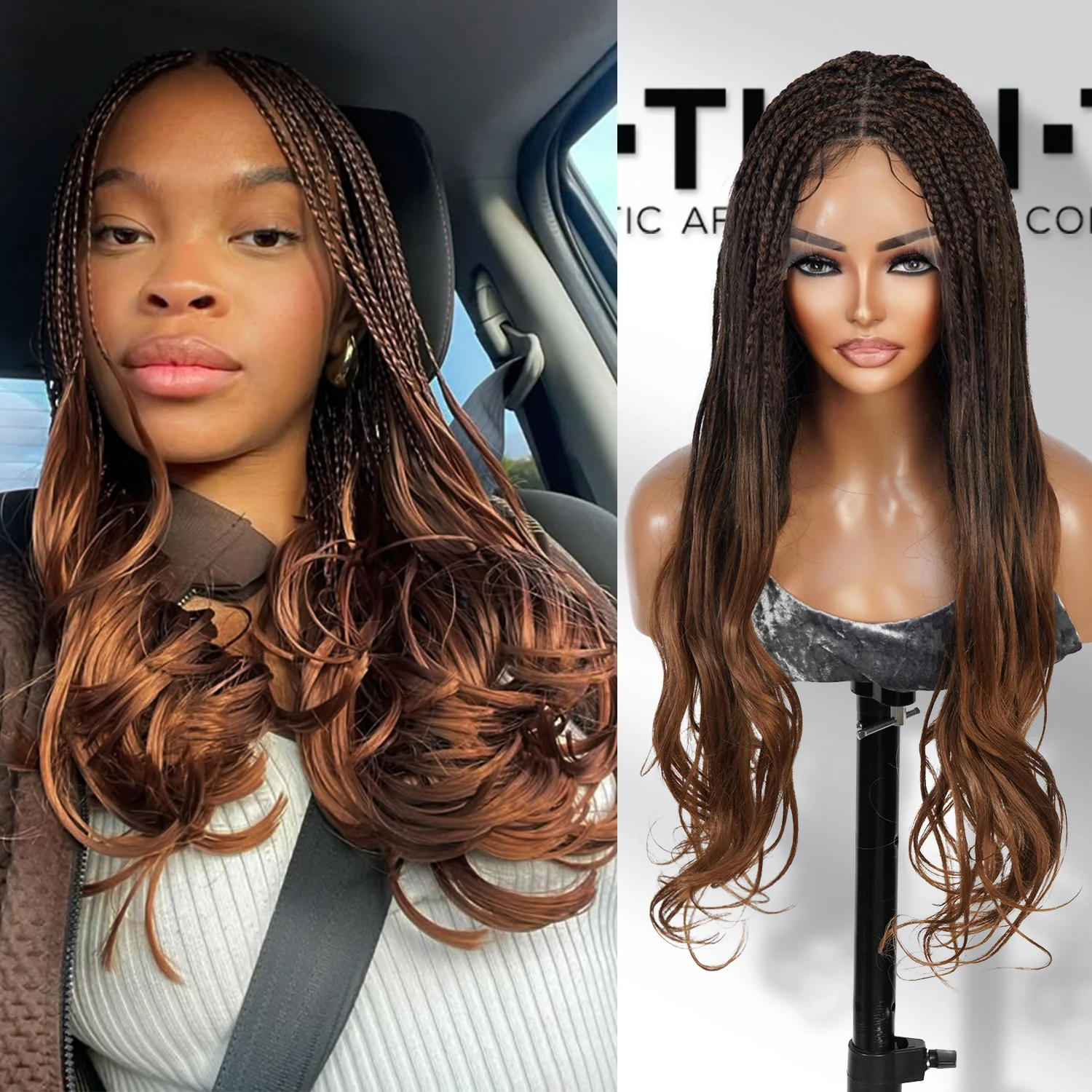 

Authentic Glueless Full Lace Braided Wig Medium Knotless Box Braid Layered Mermaid Wave 1B/30 28" BW Unit15
