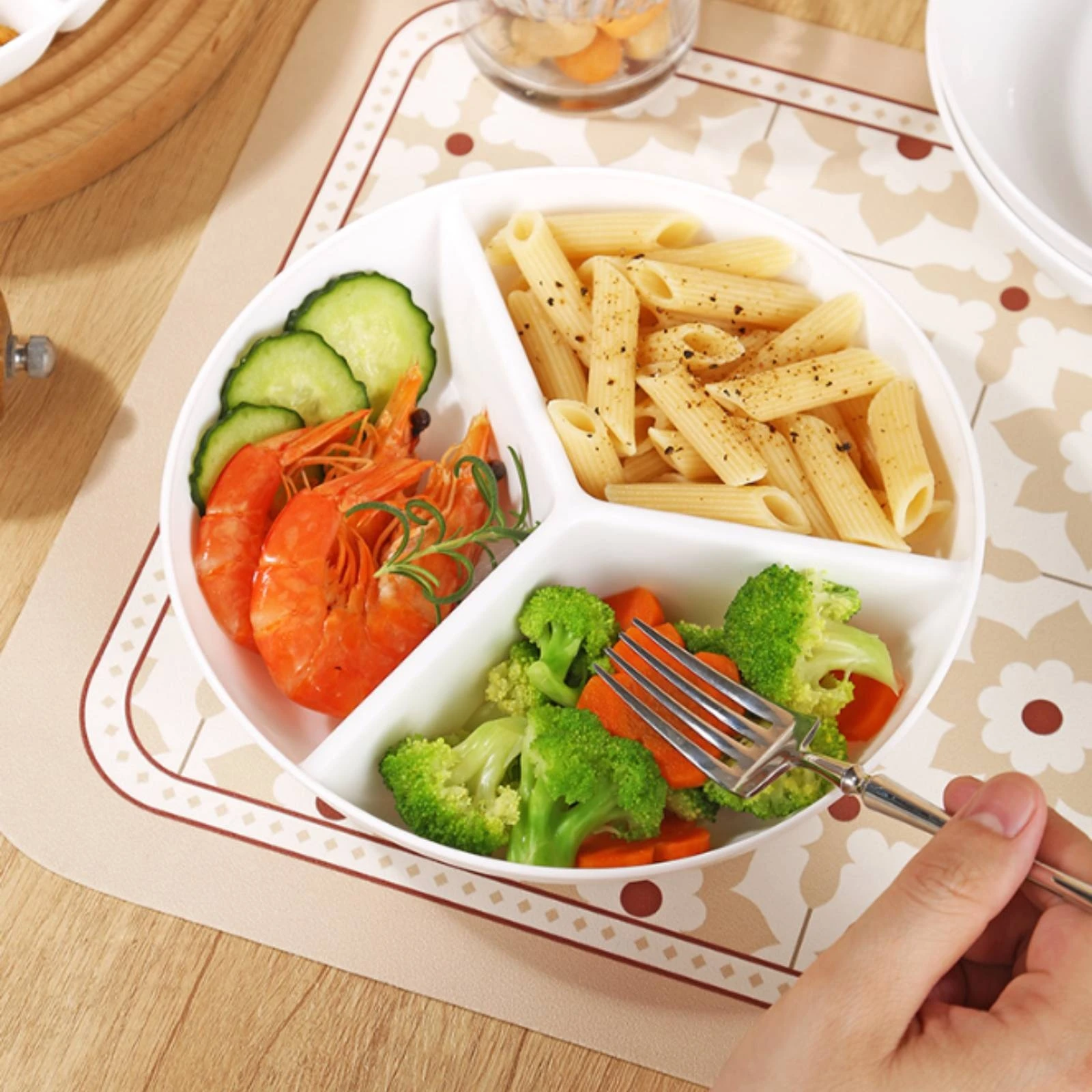 Round 3‑Compartment Steaming Plate Divided Food Tray Household Separated Breakfast Dish for Home Meal Prep Plate