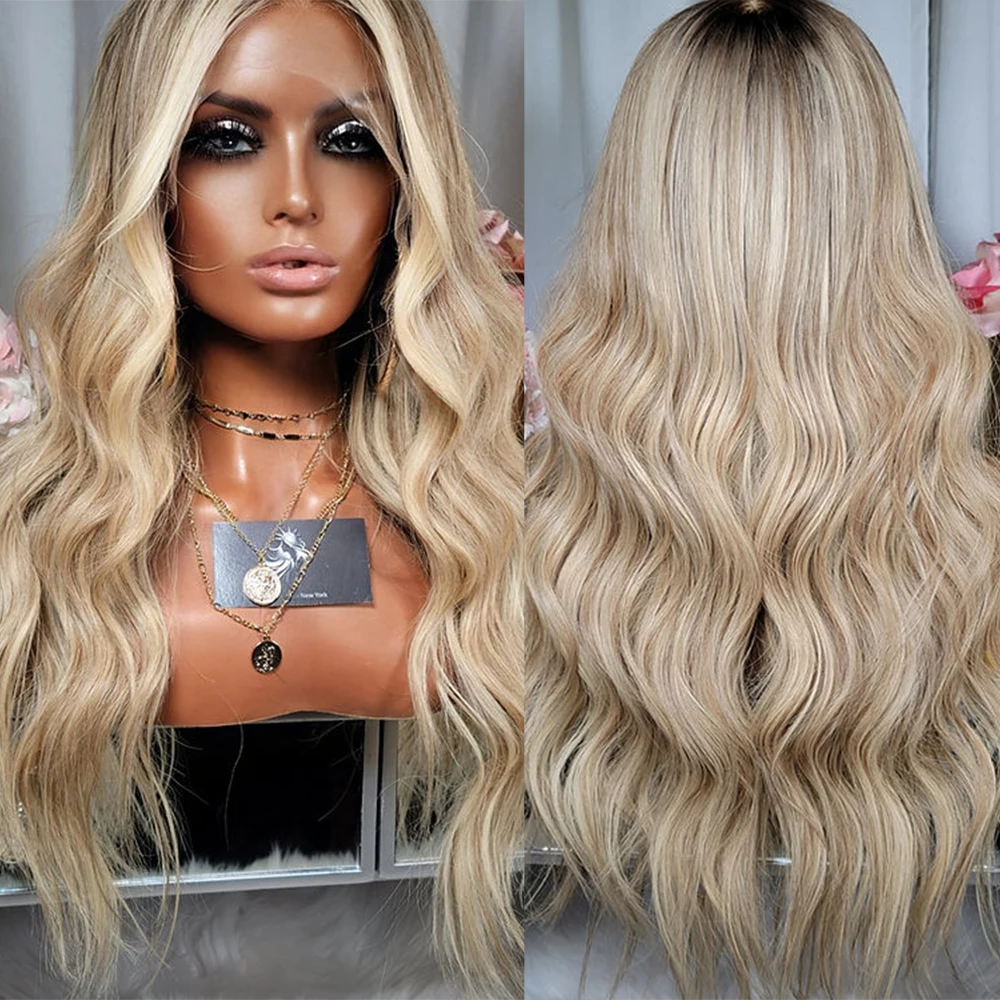 

28” Wavy Blonde Full Lace Wigs Virgin Human Hair Ombré Root Melting Lace Front Wig Luxury Invisible HD Lace Preplucked Wig 13x6