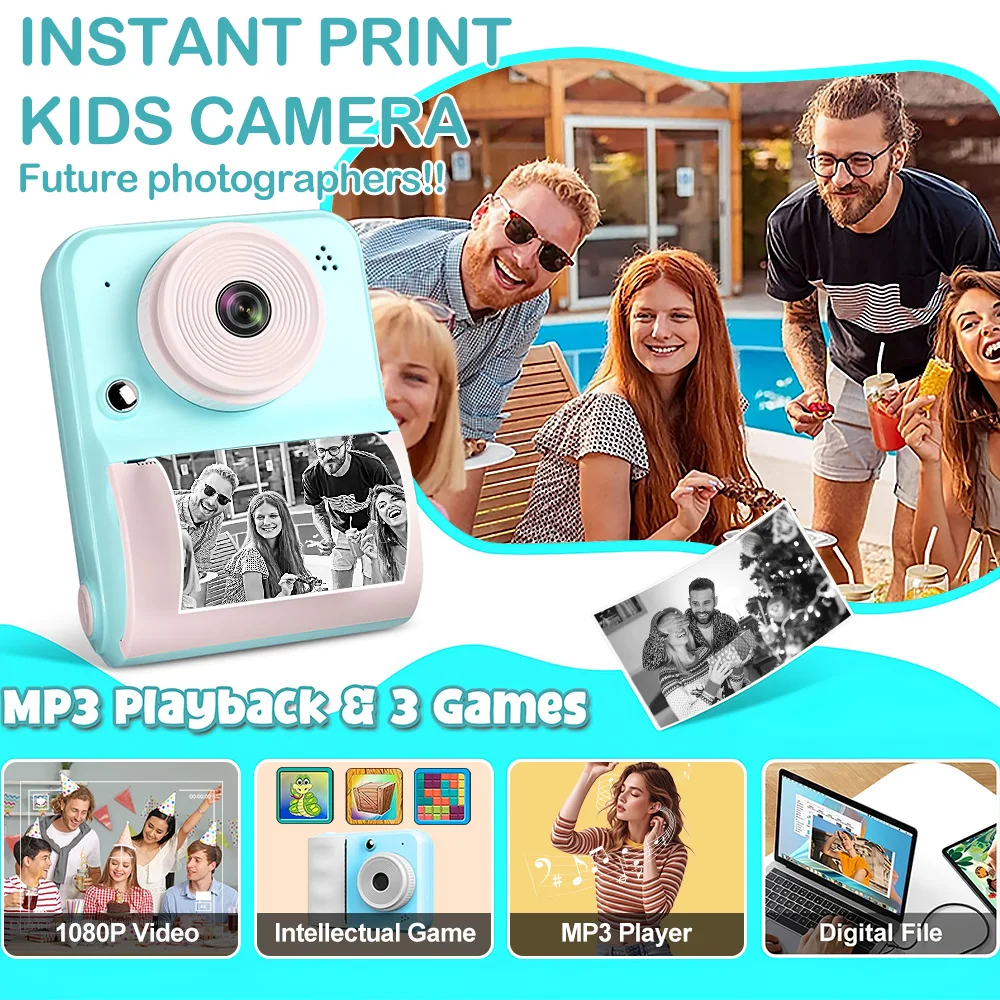 Appareil photo instantané pour enfants, vidéo HD 1080P, appareil photo numérique pour enfants avec imprimante thermique, écran 2,4 pouces, mini caméra jouet pour garçons et filles, cadeau