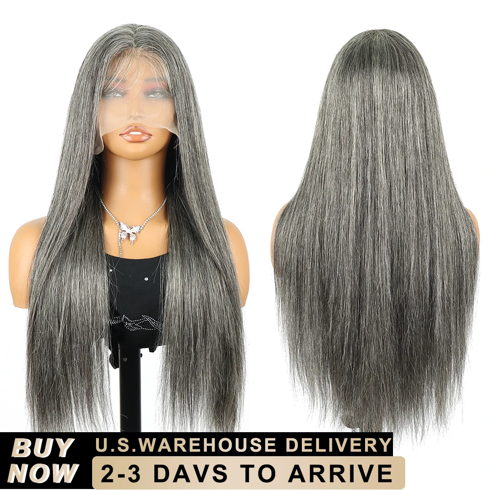 

250 Density Salt Pepper Straight 13x6 HD Lace Front Human Hair Wigs 40 Inch Pre Plucked Gray Colored Lace Frontal Wig For Women