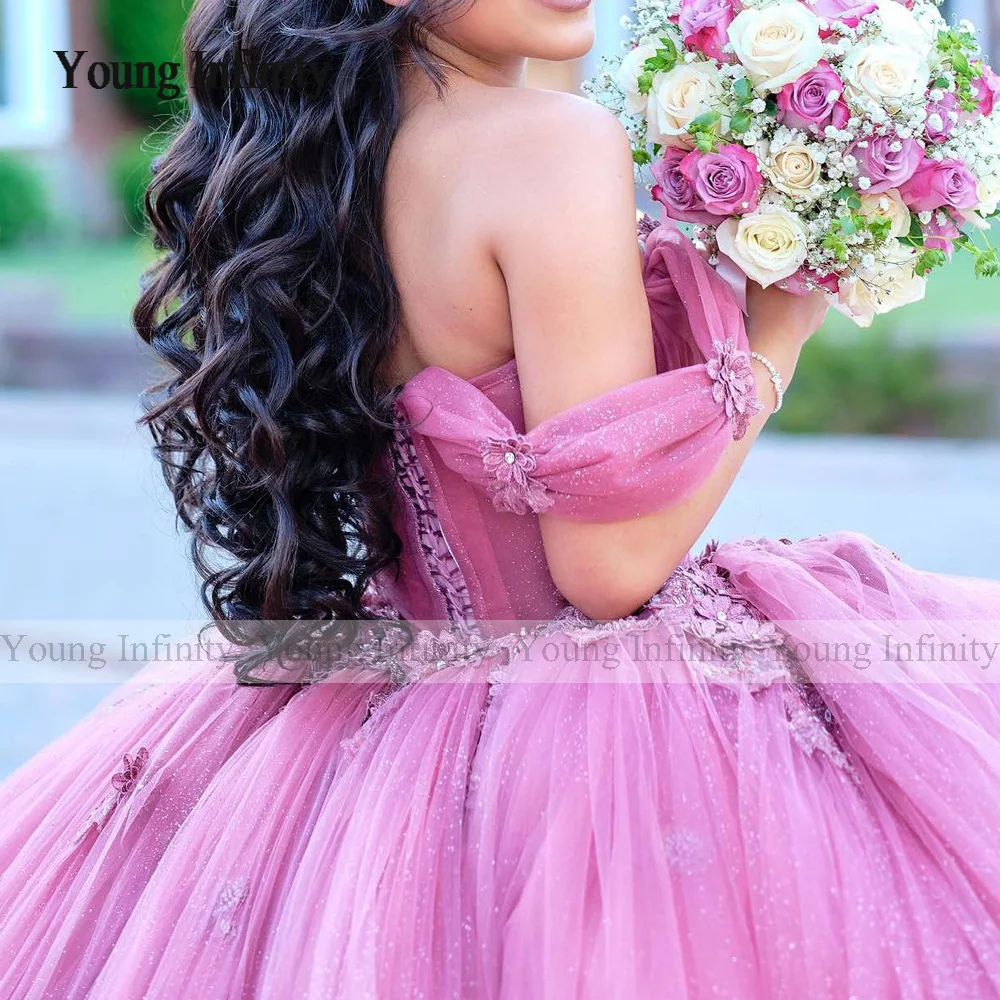 Lovely Pink Quinceanera Dresses Mexican Sweetheart Lace 3D Flower Puffy Ball Gowns Off-Shoulder Applique Luxury Vestidos De Gala