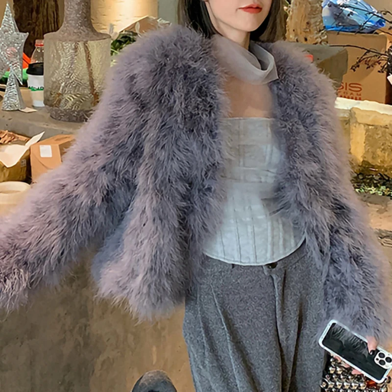 Ostrich Feather Coat for Women, 100% Natural Fur Coats, V Neck, Long Sleeve, Ladies Nightclub, Turkey Jackets, Winter Fashion