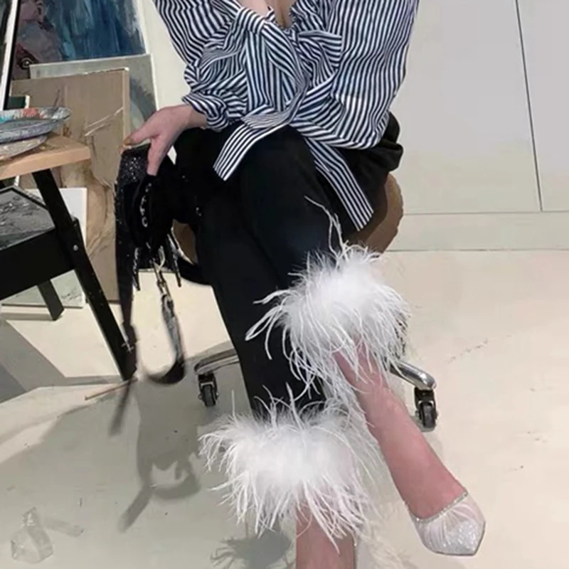 

Women's Feather Trim Jeans, Ostrich Feather Trousers, Female Pants with Feather on the Bottom, High Waist Trousers, S3508