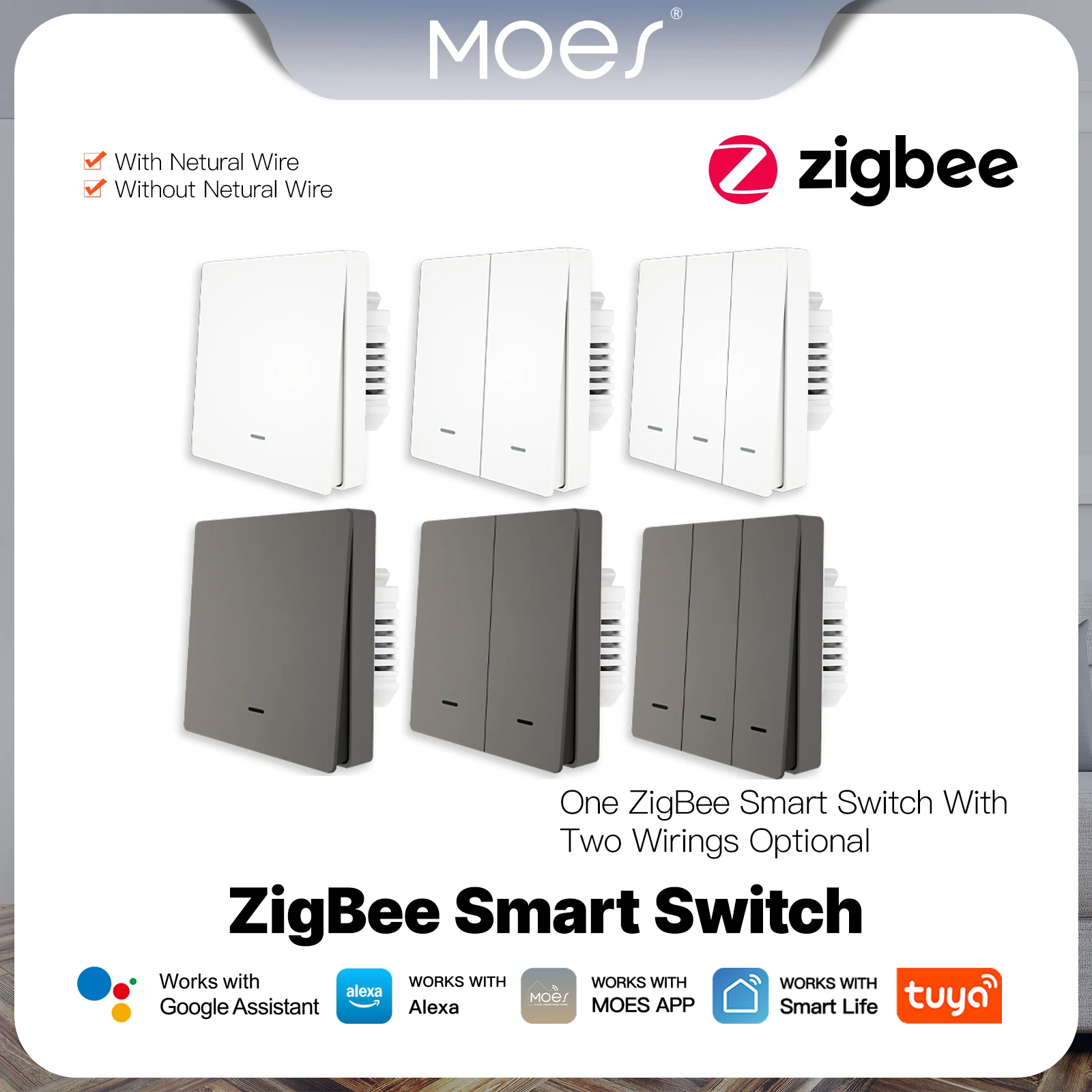 

MOES Tuya ZigBee Умный выключатель света без нейтрального провода Конденсатор не требуется Smart Life 2/3 Way работает с Alexa Google Home 2mqtt
