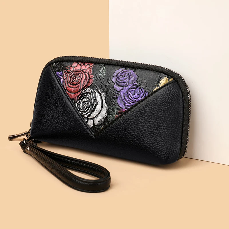 

Leather Clutch Bag Floral Embroidery Stylish Women's Handbag Long Strap Wristlet Fashionable Evening Purse