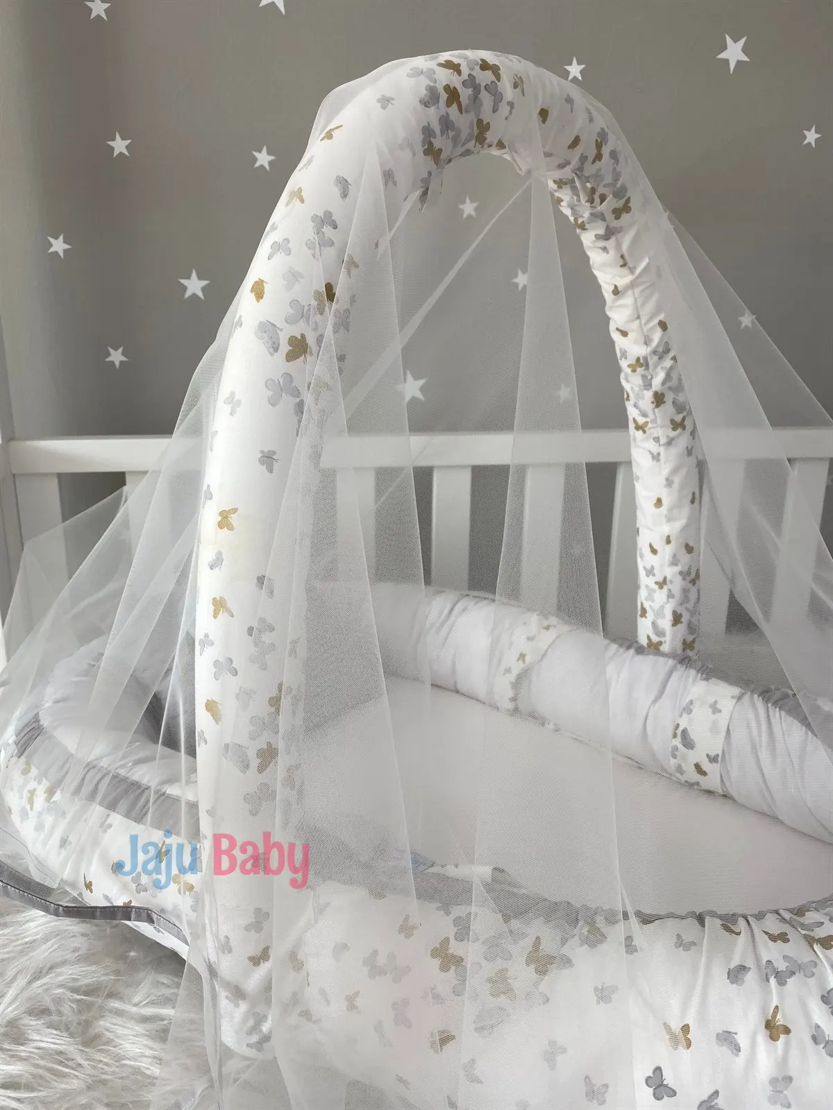 Handmade Gray Butterfly Patterned Mosquito Net and Toy Hanger Luxury Design Babynest