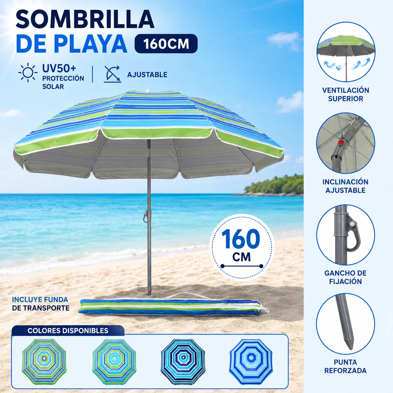 Sombrilla de Playa 160CM UV50+ Parasol Ajustable Inclinable con Bolsa de Transporte Resistente al Viento para Playa Camping Jardín Pesca