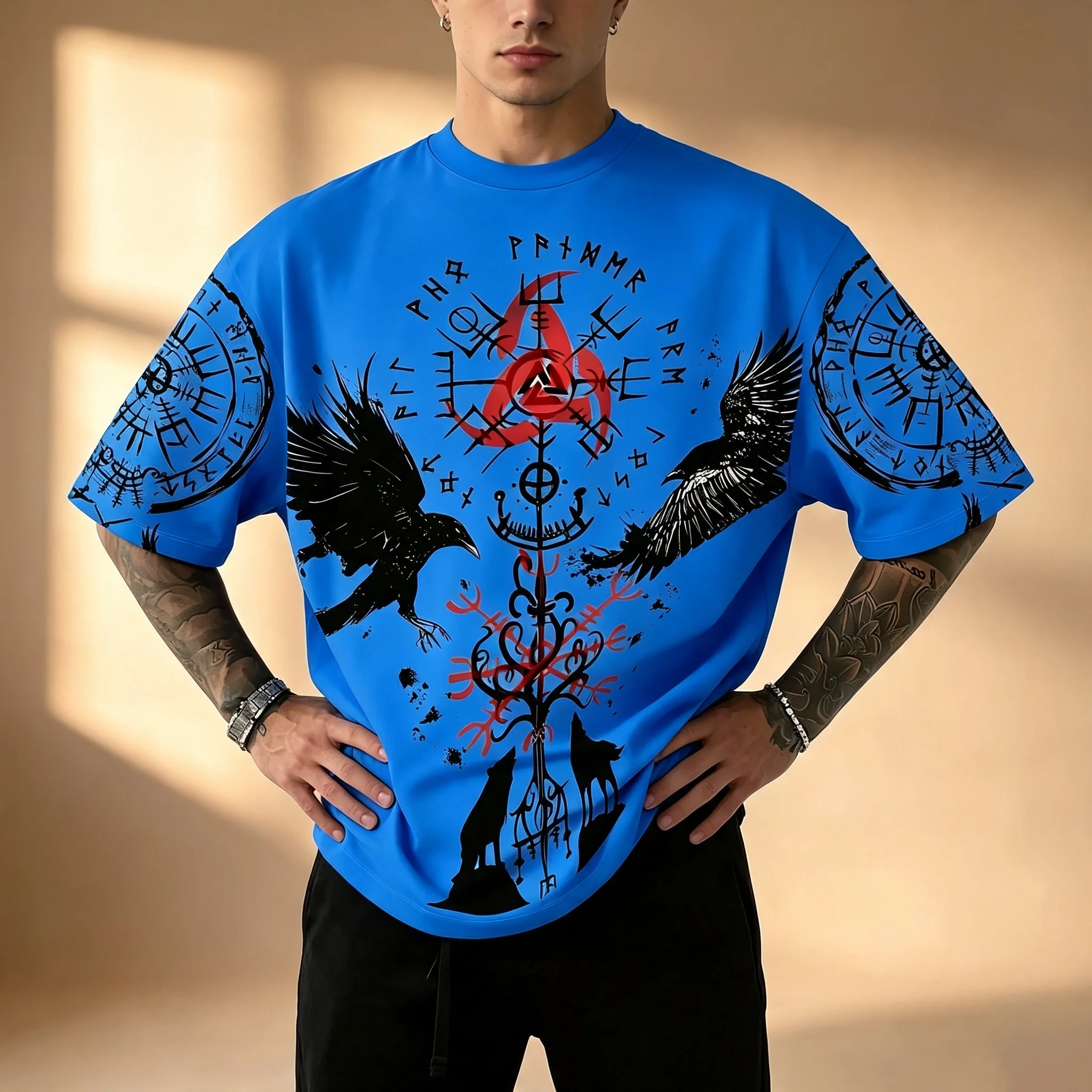 Men Viking Raven Wolf Rune Print Crew Neck T-shirt 3 Colors Casual Loose Streetwear Short Sleeve Summer Tee