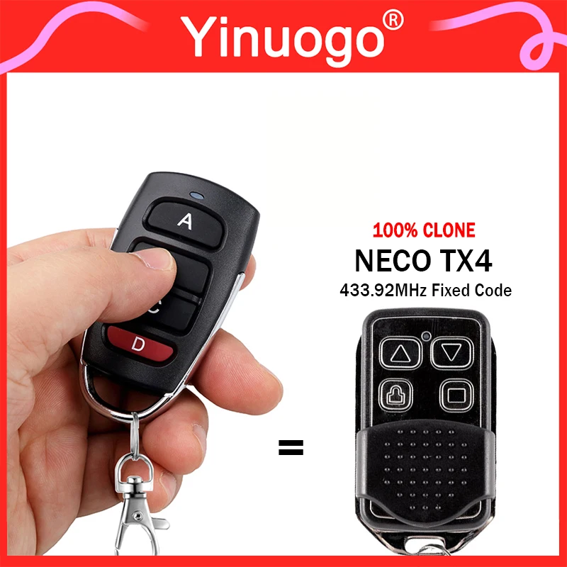 100% Clone NECO TX4 Garage Door Remote Control 4 Channels 433.92MHz Fixed Code Hand Transmitter