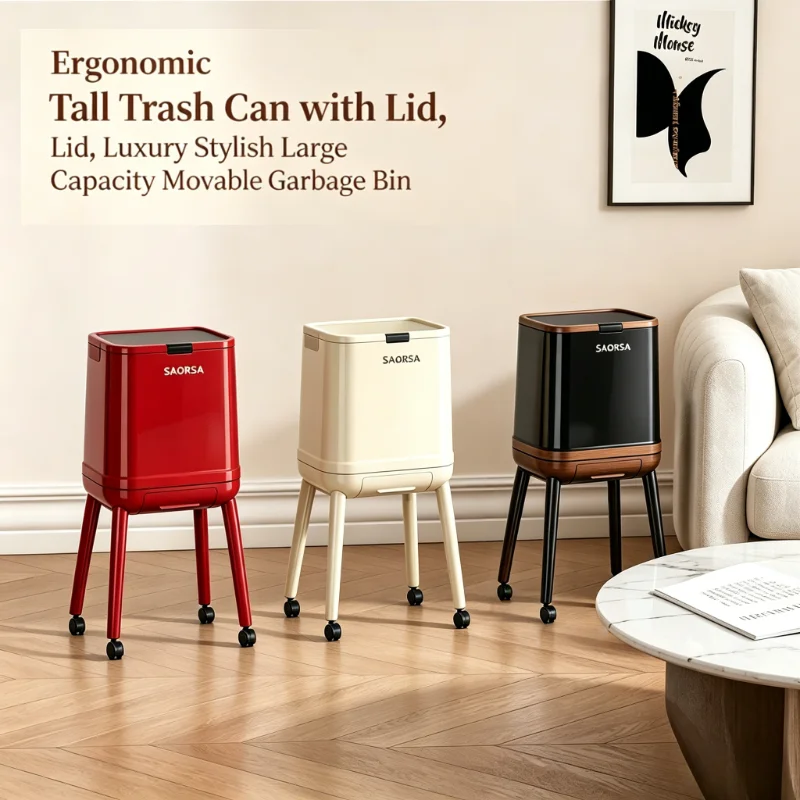 Tall Kitchen Trash Can with Lid, Movable Garbage Bin with Wheels, Luxury Stylish Trash Can with Drawer and Inner Bucket for Home, Kitchen, Living Room, Bedroom