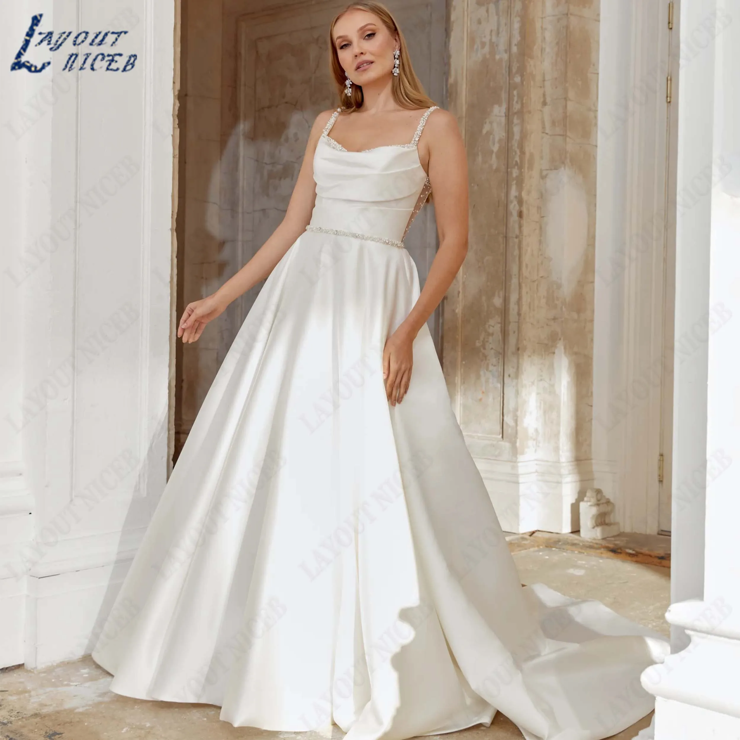 LAYOUT NICEB Customized Spaghetti Strap A-Line Bridal Dress Draped Bodice Satin Wedding Gown Square Collar Pearl Bride Dresses