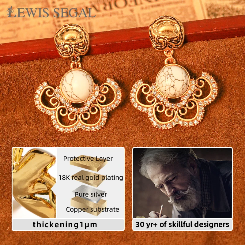 LEWIS SEGAL-pendientes de estilo Medieval de lujo para mujer, joyería fina, Vintage, blanco, turquesa, calado, grande, chapado en oro de 18K