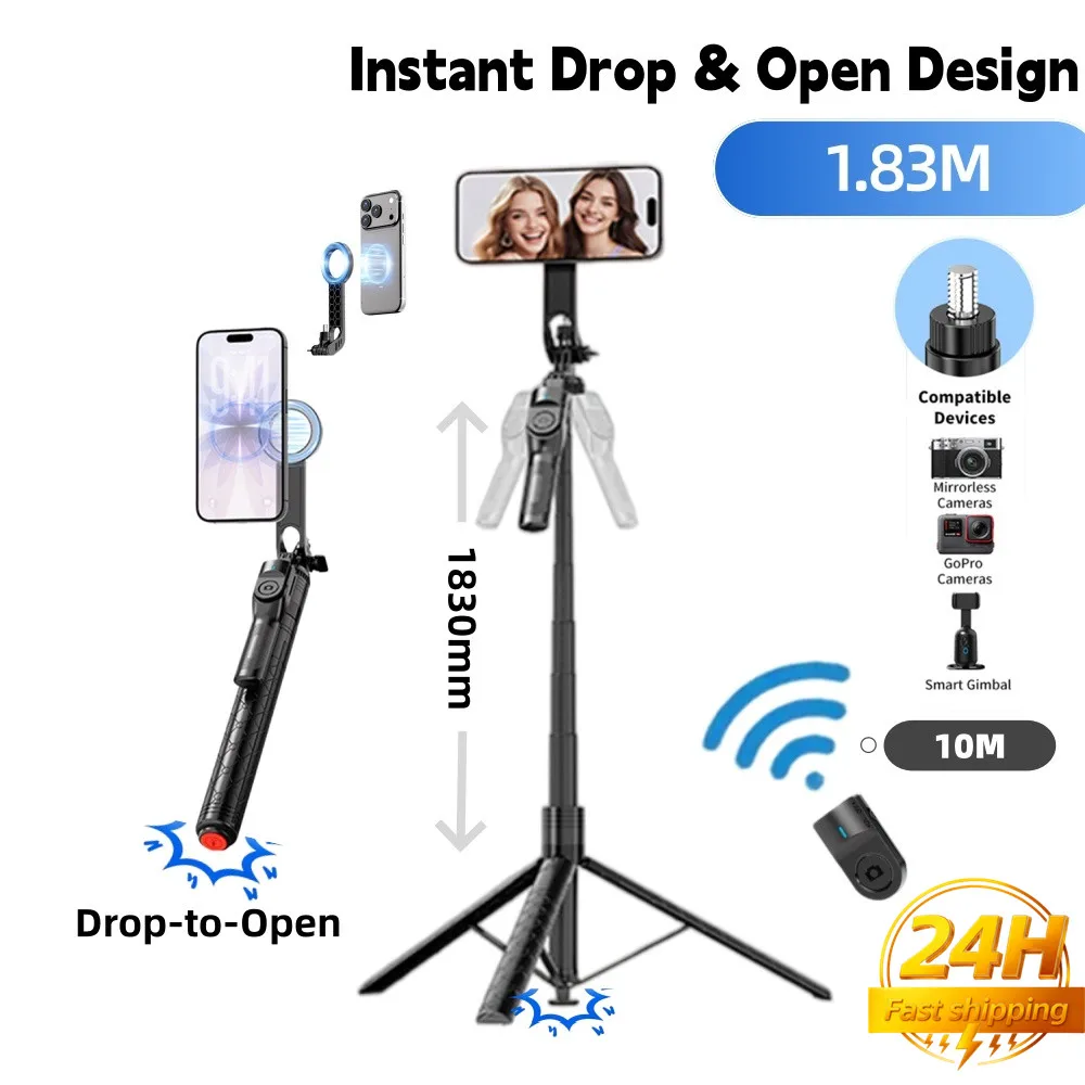 Magnetic Aluminum Alloy Selfie Stick Tripod 1830mm Auto‑Open Landing Telescopic Holder for Phone Action Camera Vlog Shooting