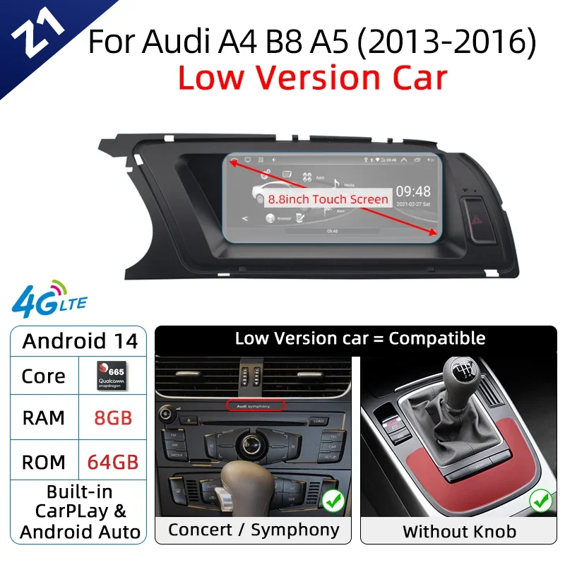 Android 14 Draadloze Carplay Autoradio voor Audi A4 B8 A5 2008-2017 GPS Autoradio IPS Touchscreen Multimedia Android Auto BT DSP
