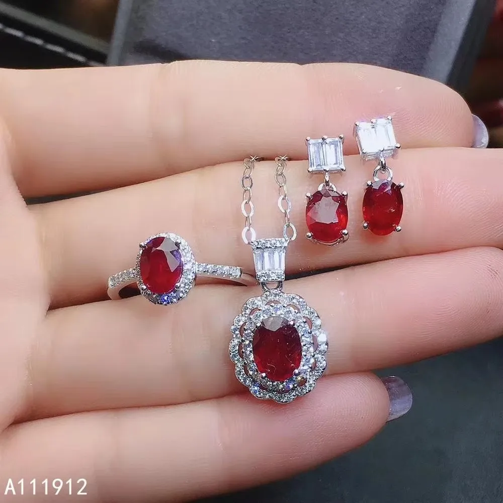 

KJJEAXCMY Natural Ruby Gemstone Fine Wedding Jewelry Sets 925 Silver Earrings Ring Pendant Necklace Three-piece Suite