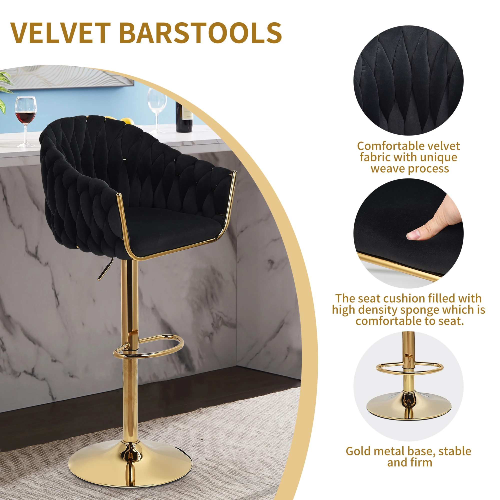 Taburete de Bar pequeño con respaldo, taburete de Bar ajustable en altura de 2 piezas, de terciopelo y Metal, Juego de 2 piezas