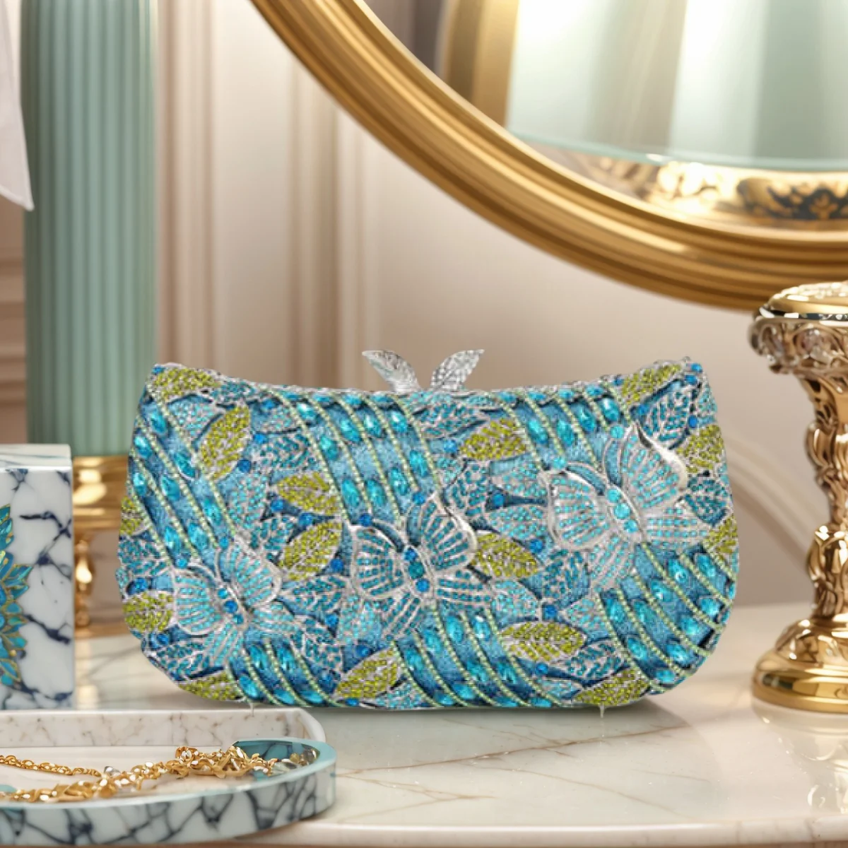 

Elegant Women Butterfly Crystal Evening Bag Vintage Floral Rhinestone Clutch Purse Diamond Wedding Handbag for Prom Cocktail