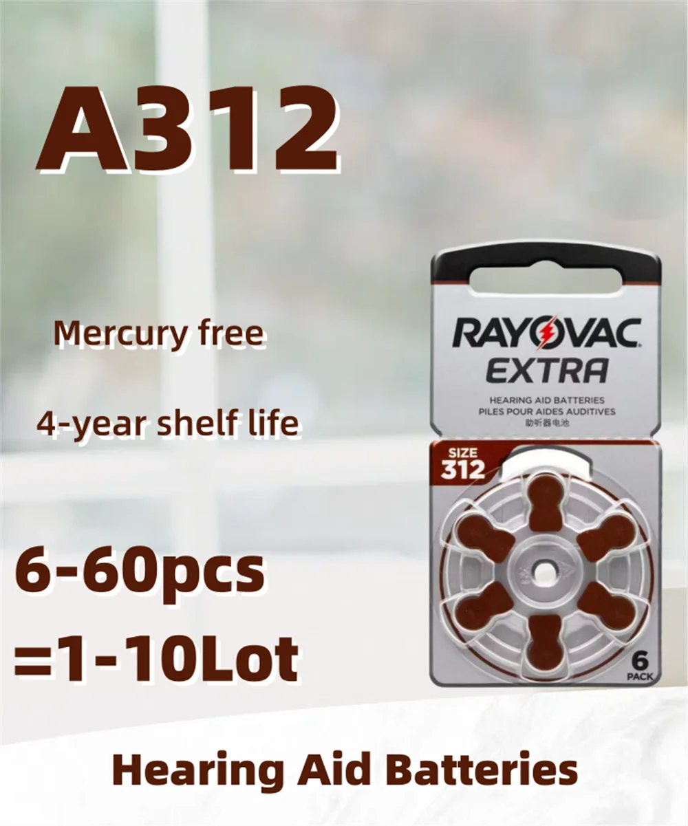 

6-60PCSRayovac Extra Performance Hearing Aid Batteries 1.45V 312 312A A312 PR41 Zinc Air Battery For BTE CIC RIC OE Hearing Aids
