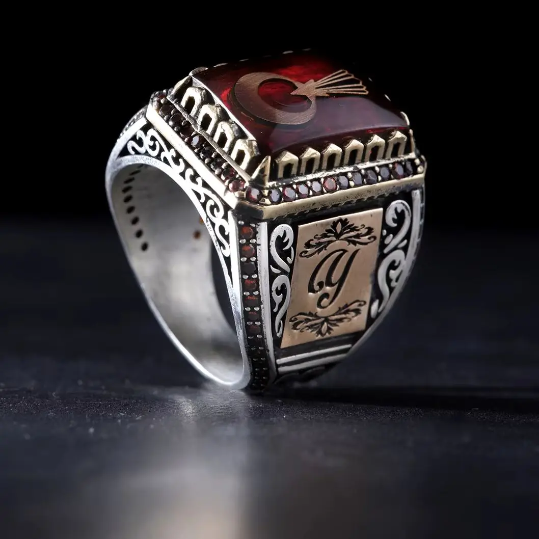 Personalized Red Fire Amber Ring in 925 Sterling Silver - Unique Men's Jewelry Gift