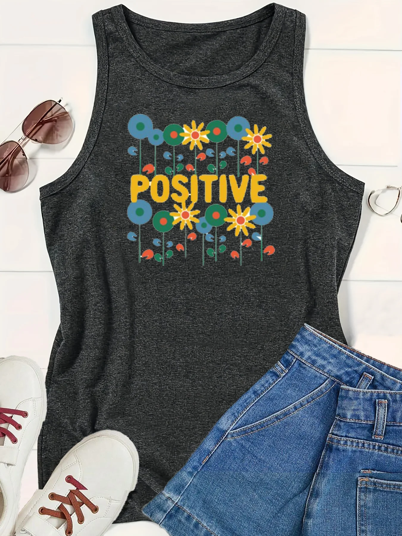 Positve Letters Print Vrouwen Tanktops Losse O-hals Mouwloze Casual Vest Dames Tops Kleding