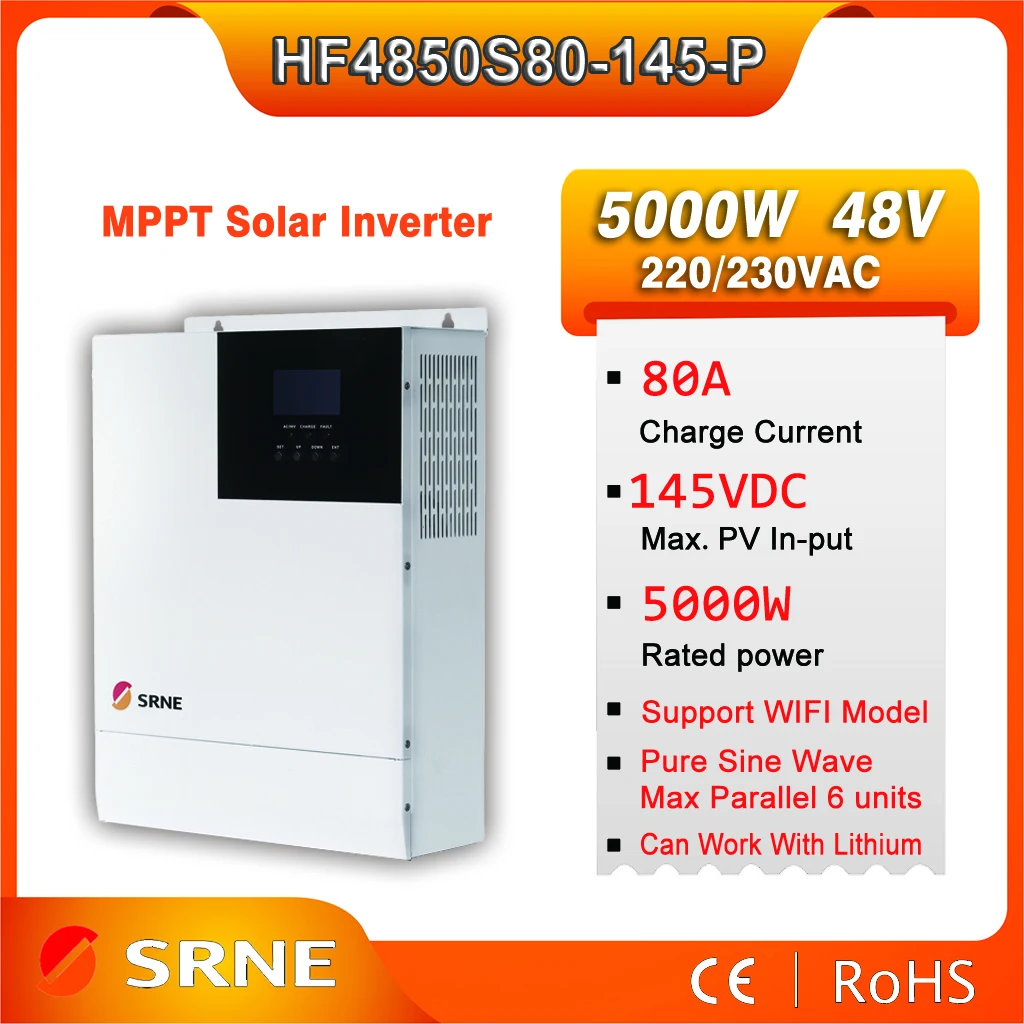 

SRNE 5KVA 5KW Hybrid Solar Inverter MPPT 80A 145VDC PV Input 220VAC 48V With Parallel Function 5000W 3 Phase Solar Inversor