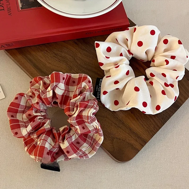 Korea Cute Dot Plaid Scrunchies Women Girls Elastic Hair Rubber Bands Akcesoria Tie Hair Ring Rope Nakrycie głowy Nakrycie głowy Ozdoba — zdjęcie 2